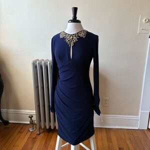 Vince Camuto Womens Ruched Evening Dress Long Sleeve Embellished Size 6